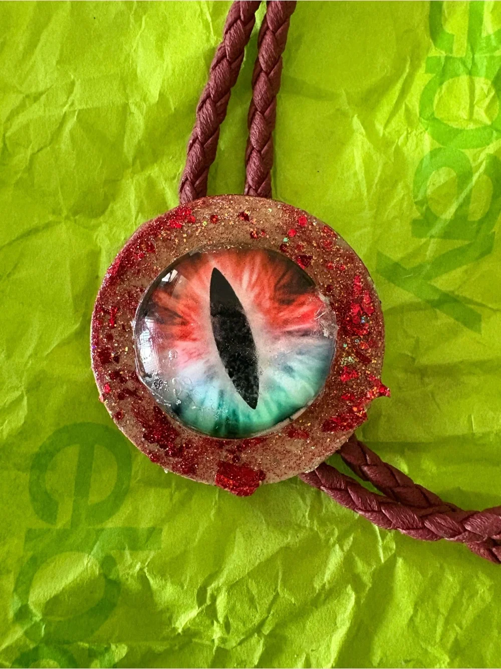 Handmade Dragon Eye Bolo Tie in Red and Teal